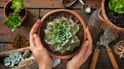 A hands planting a succulent in a stylish ceramic pot, surrounded by gardening tools and soil