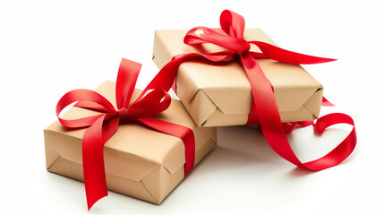 Obraz premium Two neatly wrapped gift boxes with red ribbons, perfect for celebrations and festive occasions, showcased on a white background.