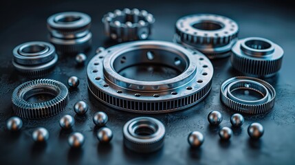 Close-up of Shiny Metal Gears and Ball Bearings