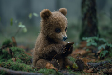 Obraz premium A small bear cub sits in a forest, absorbed in looking at a smartphone, which contrasts its natural environment with modern technology.