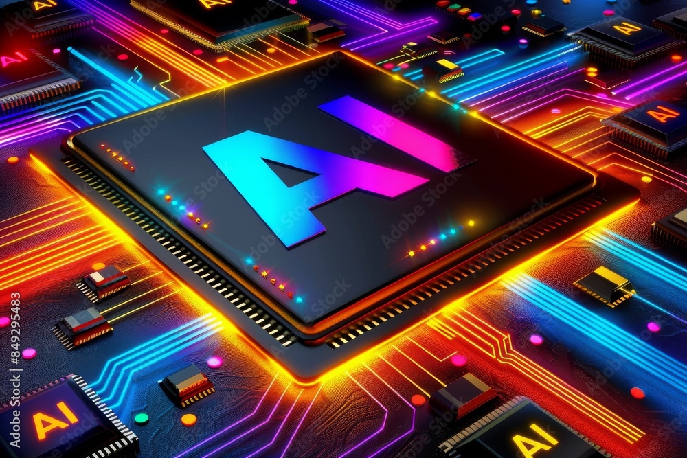 Poster ai processor on circuit board, advanced artificial intelligence technology, high tech digital innova
