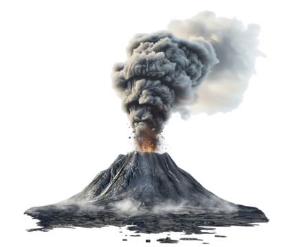 Erupting volcano with lava flowing down sides, cut out