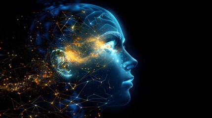 Side view of a humanoid head with blue and yellow eyes and a vibrant neon neural network, representing futuristic technology and artificial intelligence.