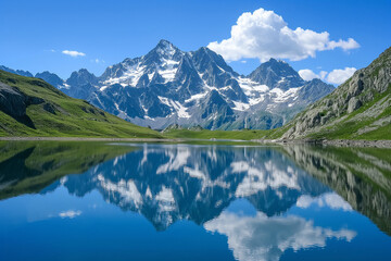 Fototapeta premium landscape of the alps, snowcapped towering mountains reflecting in clear water, green grass on hills, mountain lake in summertime, blue sky, photorealistic // ai-generated 