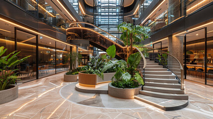 Fototapeta premium Modern Office Building's Elegant Central Spiral Staircase with Indoor Garden