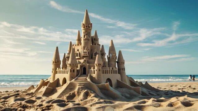 A meticulously crafted sandcastle sits on a sandy beach with the ocean waves gently rolling in the background. Travel and vacation concept. Slow motion