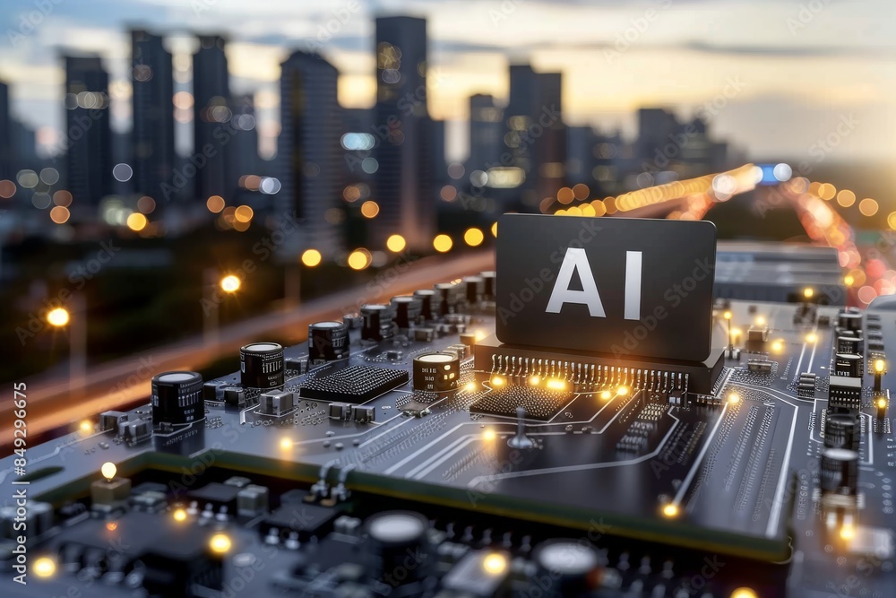 Poster ai processor on circuit board in modern cityscape, advanced artificial intelligence technology, high