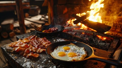A rustic kitchen setup with a cast iron pan over an open flame, cooking a hearty breakfast with eggs and bacon