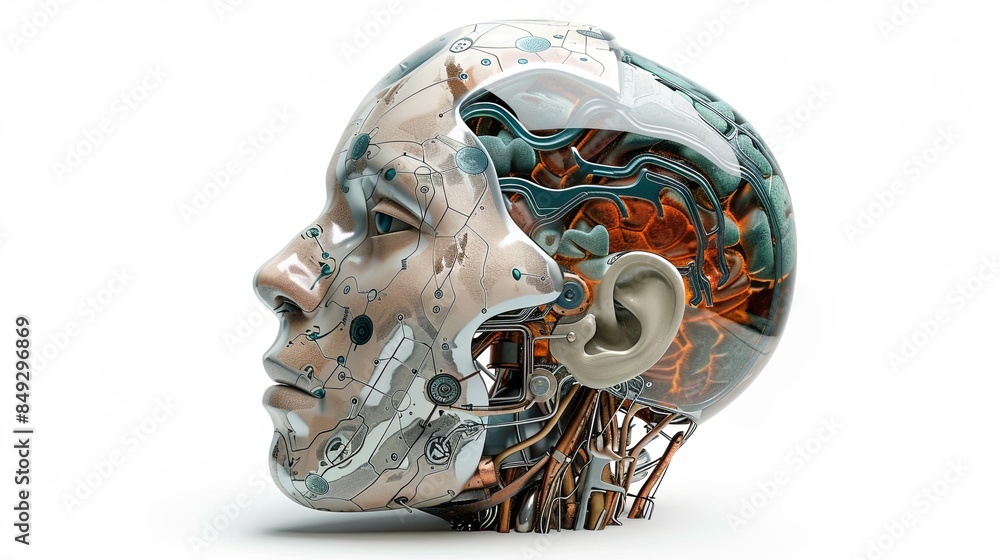 Poster A 3D rendering of an AI robot head with a digital graphic brain engine visible inside. Isolated on a white background with clipping path. Generative AI