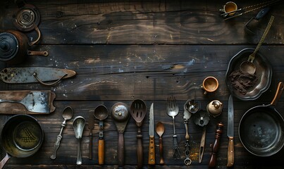 An artistic flat lay composition featuring an assortment of vintage culinary utensils arranged on a rustic wooden table, with plenty of negative space for your customizable text overlay