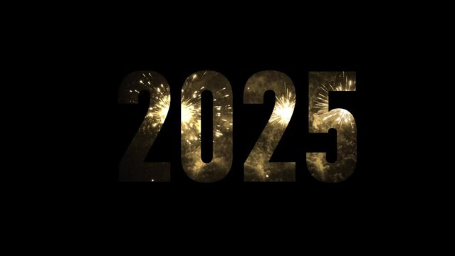 golden real firework explosion with glittering sparks in 2025 type isolated on black background, happy new year decoration overlay texture template