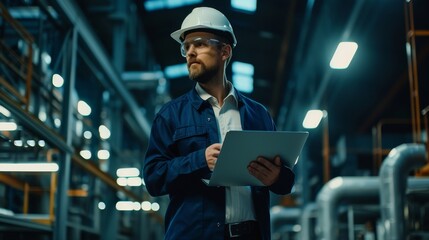 Fototapeta premium Chief engineer in a hard hat confidently walks through a well lit, modern factory, holding a laptop