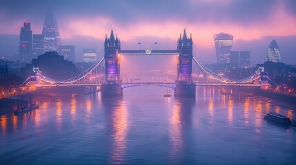 Obraz premium Tower Bridge at Dawn with Fog and Skyscrapers