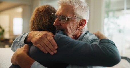 Senior father, son and hug on couch for support, love and happy bonding together in home. Relax, man and adult child embrace on sofa with respect, care or comfort on weekend in living room with smile