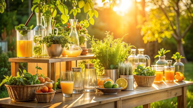 A stunning outdoor cocktail bar setup, adorned with fresh herbs, citrus fruits, and artisanal drinkware, bathed in golden sunlight.
