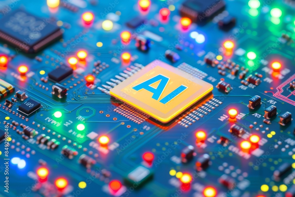 Poster ai processor on blue circuit board, advanced artificial intelligence technology, high tech digital i