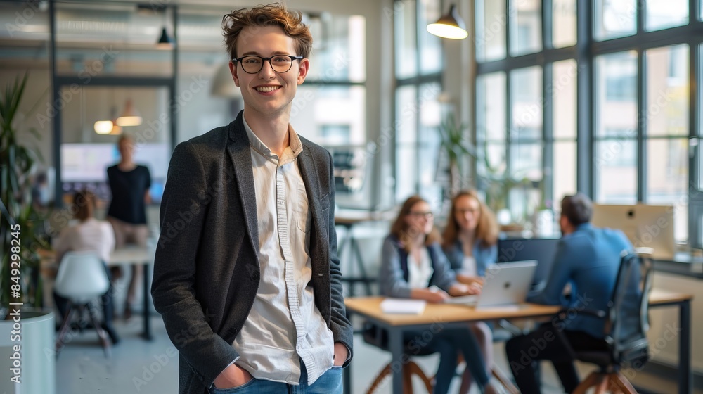 Wall mural cheerful young man at modern office with colleagues working in background. professional work environ