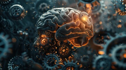 Capture the essence of cognitive processes with a dynamic stock photo showcasing an illustration of a brain intertwined with gears, representing the intricate mechanisms of thought and creativity. 