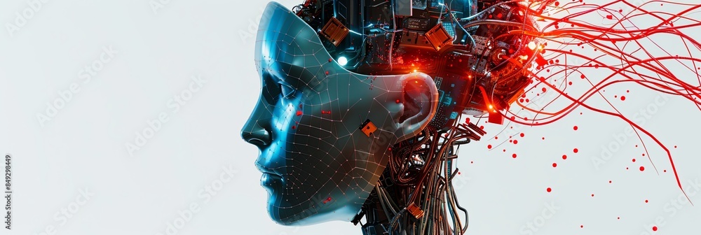 Poster a 3d rendering of an ai robot head with a digital brain engine inside, isolated on a white backgroun