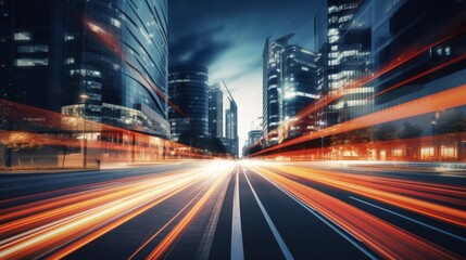 Naklejka premium Light trails on the modern building background. Light trails at night in urban environment, Abstract Motion Blur City, traffic, transportation, street, road, speed