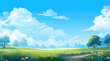 Fototapeta premium Scenic Cartoon Landscape with Blue Skies, Clouds, and Green Meadows