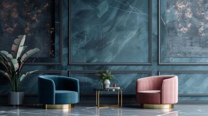 Luxurious interior with blue and pink chairs and plants.