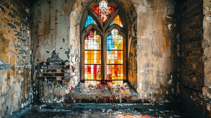 The image is of a stained glass window in an abandoned church. The window is brightly colored.