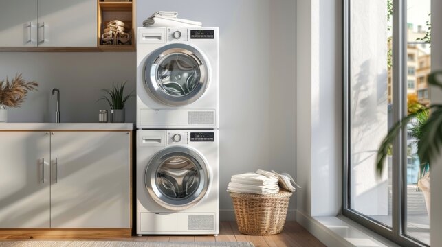 A stackable washer and dryer unit in a small apartment laundry nook, highlighting efficient use of space