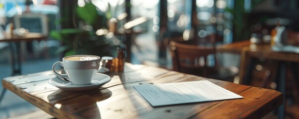 Flyer mockup on a coffee shop table, perfect for promoting events or special offers. Hyperrealistic 4K photo.