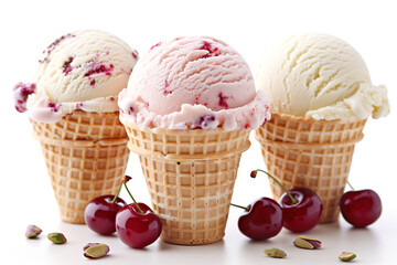 Three Ice Cream Cones With Cherries and Pistachios