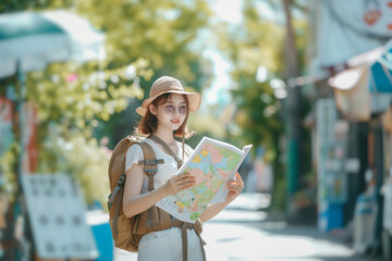 Fototapeta premium Cute Asian girls looking into tourist map in the city wearing a backpack, holiday travel solo.