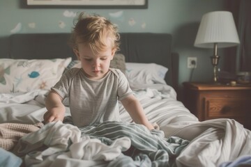 Fototapeta premium toddler diligently folding clothes on bed cute child learning responsibility lifestyle photography