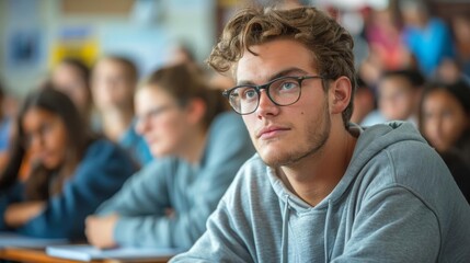 Young man student listening attentively in a classroom.