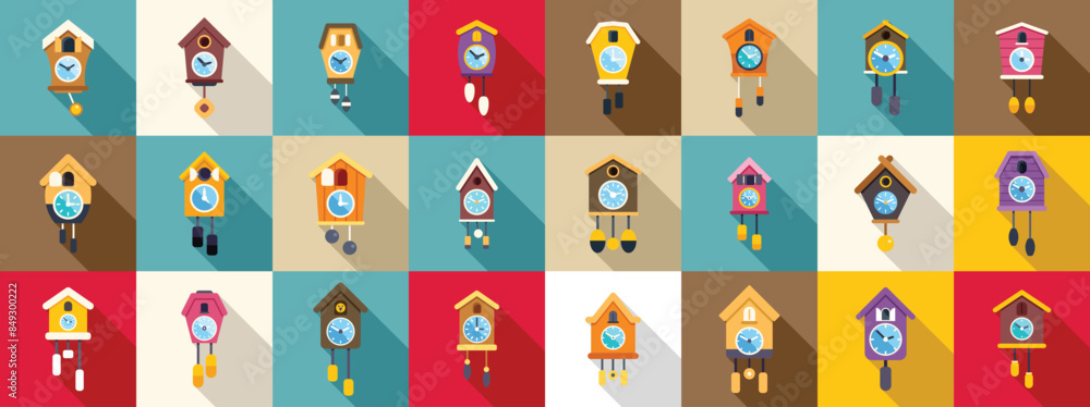 Poster cuckoo clock icons set. variety of cuckoo clocks are displayed, each with its own unique design and 