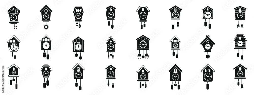 Poster cuckoo clock icons set. collection of cuckoo clocks showing different designs and styles
