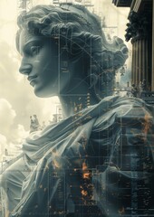 Futuristic Fusion of Technology and Classical Art Elements with Holographic and Data Stream Effects