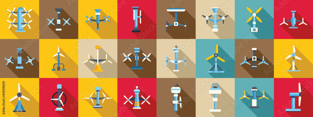 Aufkleber tidal energy icons set. collection of wind turbines generating clean energy using wind power in flat