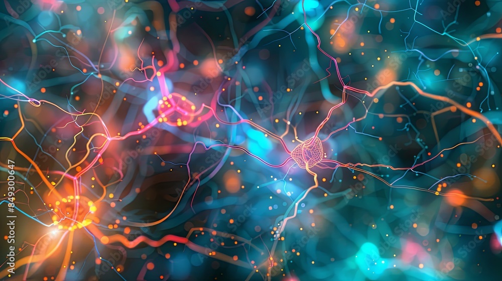 Fototapete A digital illustration depicting a neural network with nodes and connections, representing the data processing and learning abilities of artificial intelligence. Generative AI