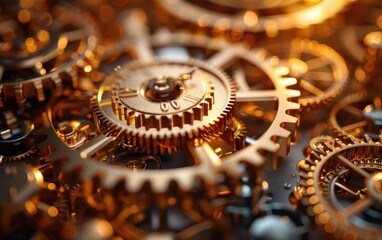 Close-up of multiple golden gears in a clockwork mechanism, symbolizing precision, engineering, and intricate machinery design