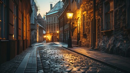 Obraz premium A vintage street lamp casting a romantic light on a cobblestone street in an old European city