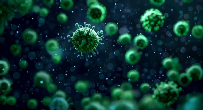 A green virus floats in the air surrounded by many small spheres of different sizes medical concept virus spread