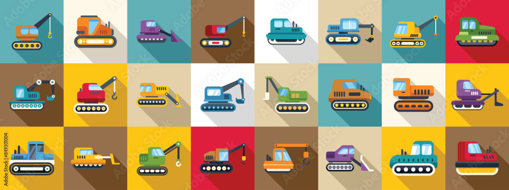 Poster crawler icons set. set of colorful icons representing various construction vehicles, ideal for illus