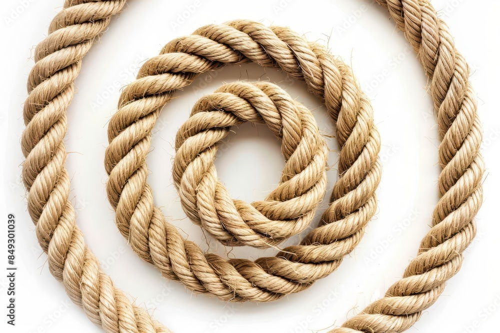 Poster twisted hemp rope arranged in spiral pattern isolated on white top view