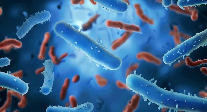 A close-up of bacteria floating in the air stacked on top of each other against a blue background microorganisms health concept