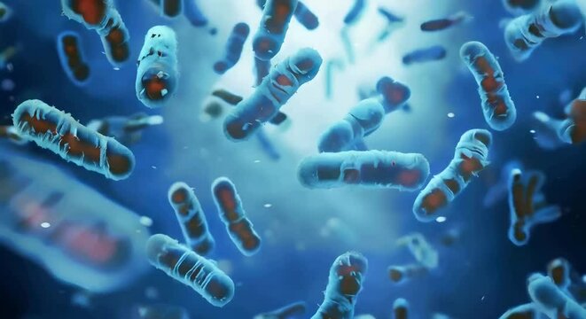 A close-up of bacteria floating in the air stacked on top of each other against a blue background microorganisms health concept