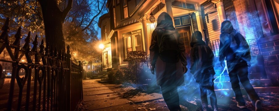 Friends going on a ghost tour for National Mole Day, October 23rd, learning spooky science facts, 4K hyperrealistic photo.