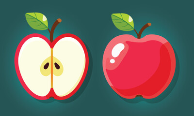 Tasty and colorful red apple and half a red apple in flat style. Set of cartoon character in vector illustration
