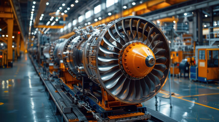 Fototapeta premium Close-up view of a large aircraft turbine engine in a factory setting, highlighting its intricate design and engineering marvel