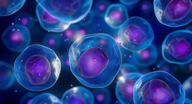 Closeup of round cells in purple and blue colors on a blue background representing cell nucleus matching in medical research