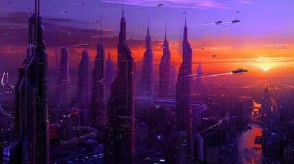 Fototapeta premium A sleek, futuristic cityscape with towering skyscrapers and flying cars, set against a mesmerizing gradient sunset transitioning from deep purple to fiery orange.